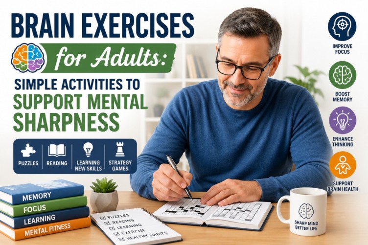 Brain exercises for adults showing a person solving puzzles and practicing memory-boosting activities to support mental sharpness, focus, and overall brain health naturally.
