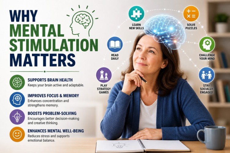 Brain exercises for adults illustrating mental stimulation through reading, puzzles, learning new skills, and strategy games to support memory, focus, and long-term cognitive health.