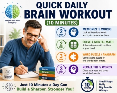 Brain exercises for adults featuring a quick 10-minute daily brain workout with memory recall, mental math, word puzzles, and focus-building activities for cognitive health.
