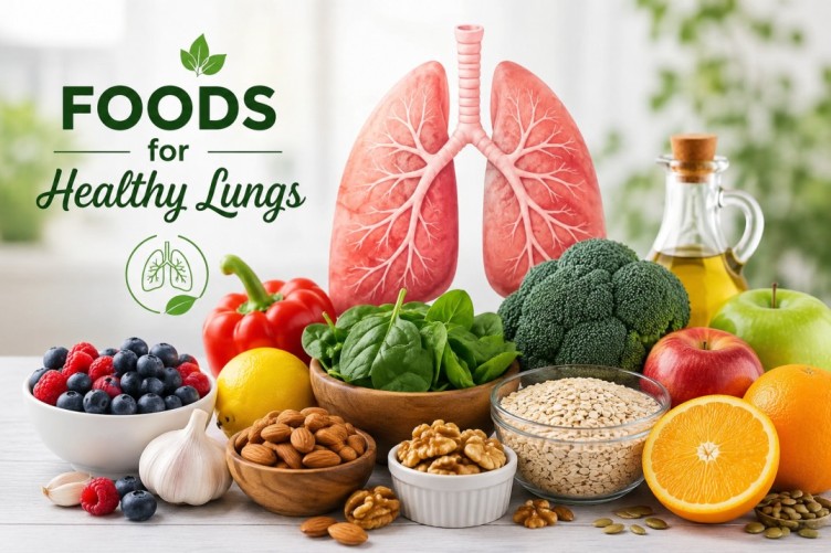 Foods for healthy lungs featuring fruits, vegetables, nuts, whole grains, and healthy foods displayed around lungs to represent nutrition and respiratory wellness.