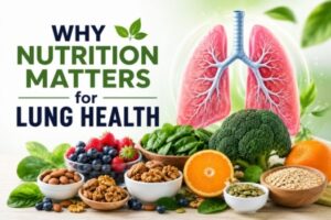 Foods for healthy lungs featuring fresh fruits, leafy green vegetables, nuts, seeds, oats, and healthy foods displayed around lungs to represent nutrition and respiratory wellness.