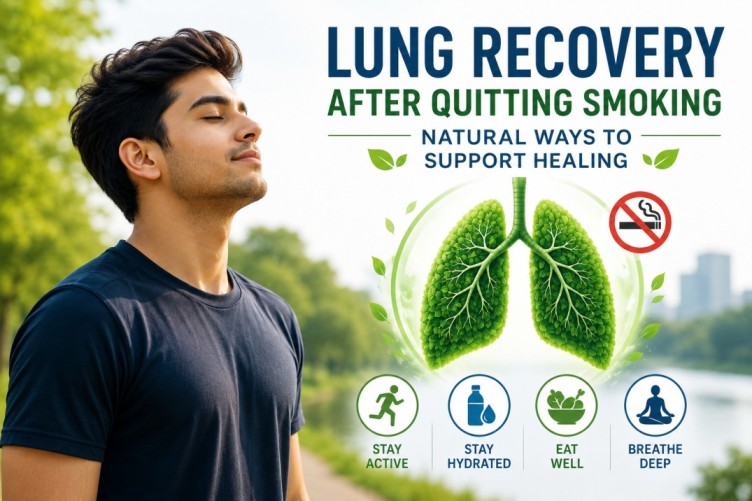 Young man outdoors taking a deep breath with healthy lungs illustration, representing Lung Recovery After Quitting Smoking and healthy lifestyle habits.