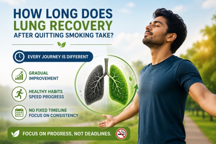 Young man breathing fresh air outdoors with lung recovery illustration, highlighting Lung Recovery After Quitting Smoking, gradual progress, healthy habits, and a personalized recovery journey.