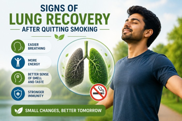 Young man enjoying fresh air outdoors with lung illustration, representing Lung Recovery After Quitting Smoking and the gradual positive changes that may occur after quitting smoking.