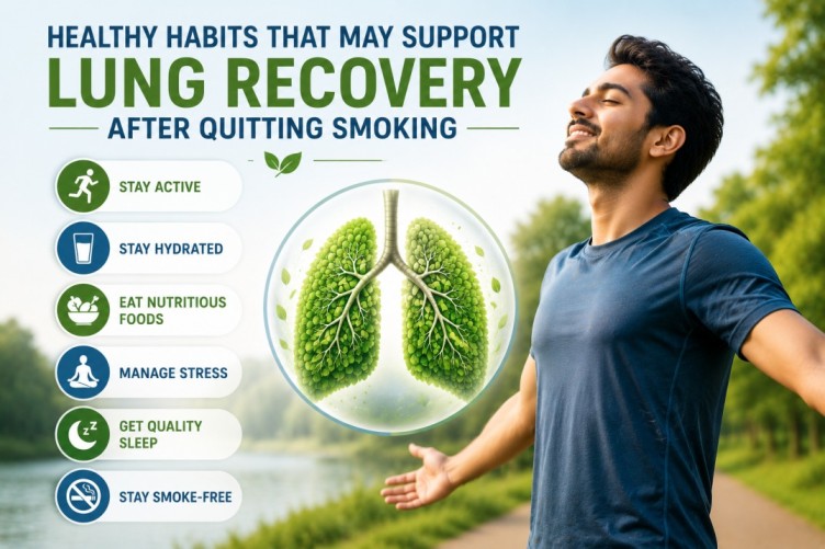Young man enjoying fresh air outdoors with healthy lungs illustration, showing Lung Recovery After Quitting Smoking through healthy habits such as staying active, drinking water, eating nutritious foods, getting quality sleep, and staying smoke-free.