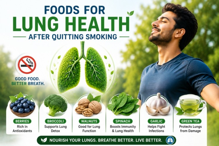 Young man enjoying fresh air with healthy foods and lung illustration, highlighting Lung Recovery After Quitting Smoking through nutritious foods, hydration, and healthy eating habits.