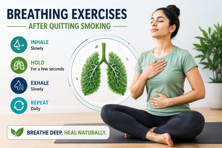 Person practicing breathing exercises indoors with lung illustration, supporting Lung Recovery After Quitting Smoking through deep breathing, mindful breathing techniques, and healthy daily habits.