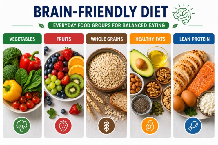 Brain-friendly diet infographic showing vegetables, fruits, whole grains, healthy fats, and lean protein for balanced everyday eating.