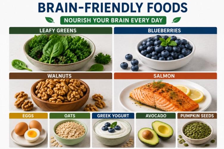Infographic showing everyday brain-friendly diet foods including leafy greens, blueberries, walnuts, salmon, eggs, oats, Greek yogurt, avocado, and pumpkin seeds.