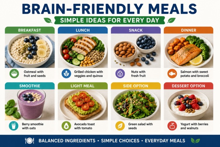 Infographic showing simple brain-friendly diet meal ideas for breakfast, lunch, snacks, and dinner using everyday foods.