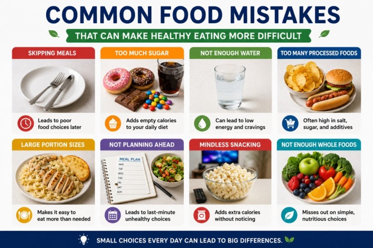 Infographic showing common food mistakes such as skipping meals, large portions, processed foods, and lack of meal planning that can make a brain-friendly diet harder to follow.
