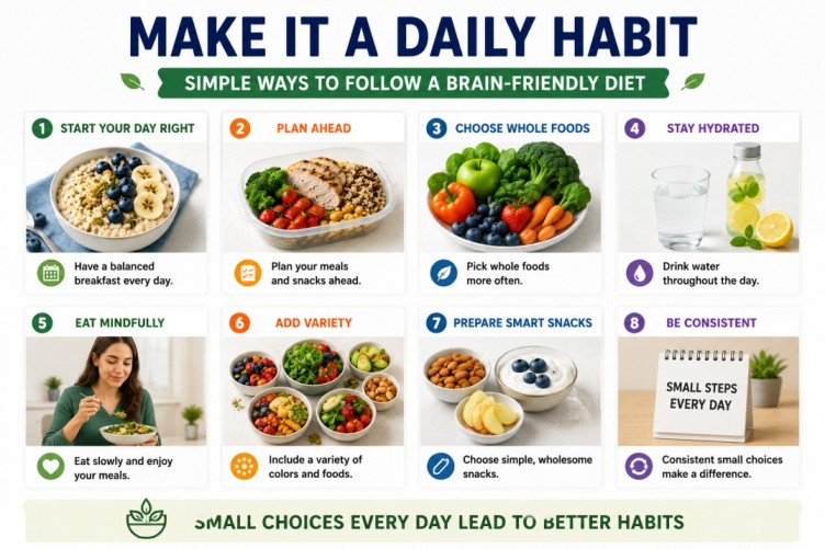 Infographic showing simple daily habits for a brain-friendly diet, including meal planning, whole foods, hydration, balanced meals, and everyday food choices.