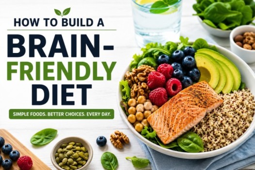 Featured image showing a colorful brain-friendly diet with salmon, leafy greens, berries, avocado, quinoa, walnuts, and chickpeas on a light background.