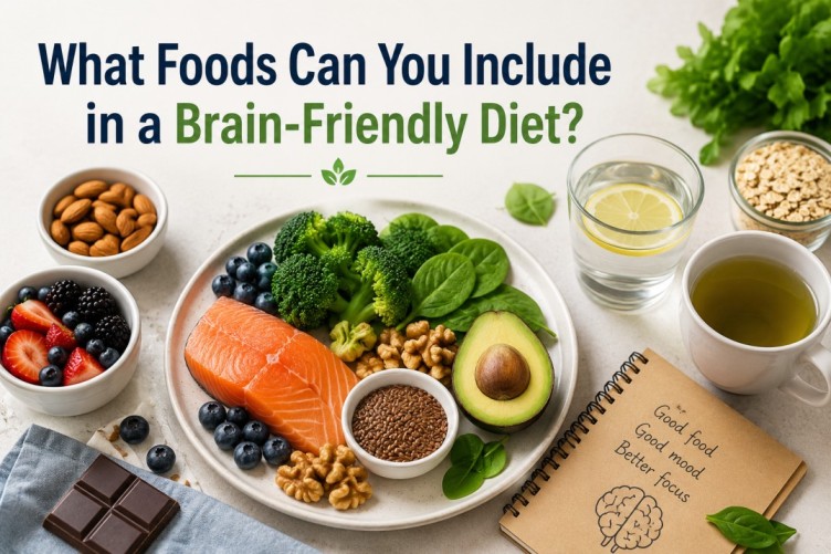 A colorful selection of everyday foods for a brain-friendly diet, including salmon, berries, broccoli, spinach, avocado, walnuts, almonds, oats, and green tea arranged on a healthy meal plate.