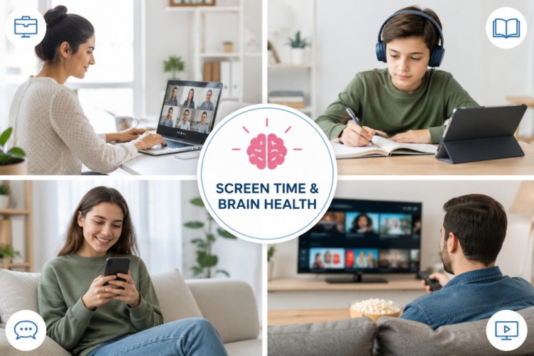 A person using digital devices in a bright, organized workspace, representing screen time and brain health through balanced daily technology use and healthy digital habits.