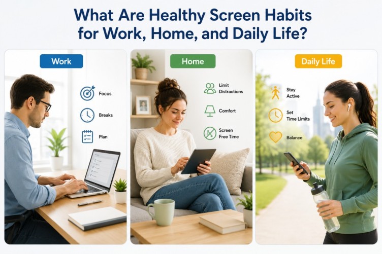 Illustration of screen time and brain health showing healthy screen habits for work, home, and daily life with organized technology use and balanced everyday routines.