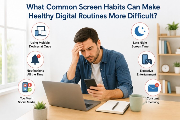 Illustration about screen time and brain health showing common screen habits such as using multiple devices, frequent notifications, and constant task switching that can make healthy digital routines more difficult.
