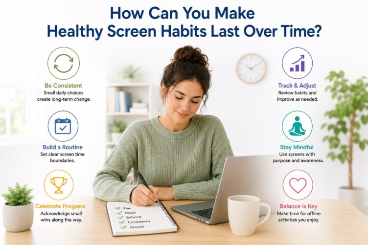 Illustration about screen time and brain health showing a person building sustainable healthy screen habits through consistent routines, mindful technology use, and balanced daily digital practices.