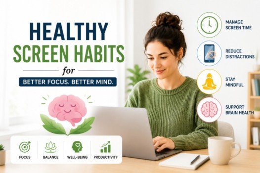 Featured illustration about screen time and brain health showing healthy screen habits, mindful technology use, better focus, reduced distractions, and balanced daily digital routines in a bright workspace.