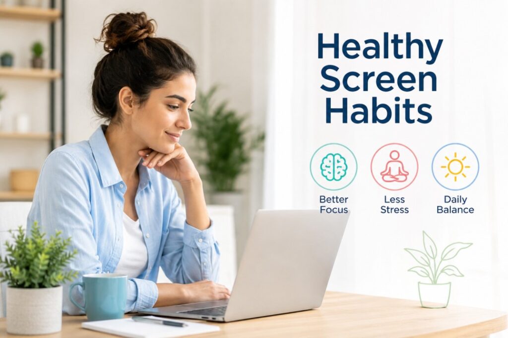 A person using a laptop in a bright workspace, representing screen time and brain health with healthy daily screen habits and a balanced digital routine.