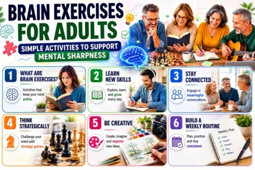 Brain Exercises for Adults infographic showing learning, social interaction, strategic thinking, creativity, and weekly habits to support mental sharpness