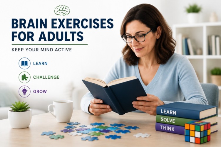Brain Exercises for Adults illustration showing reading, puzzles, learning activities, and mental challenges that support mental sharpness and lifelong learning
