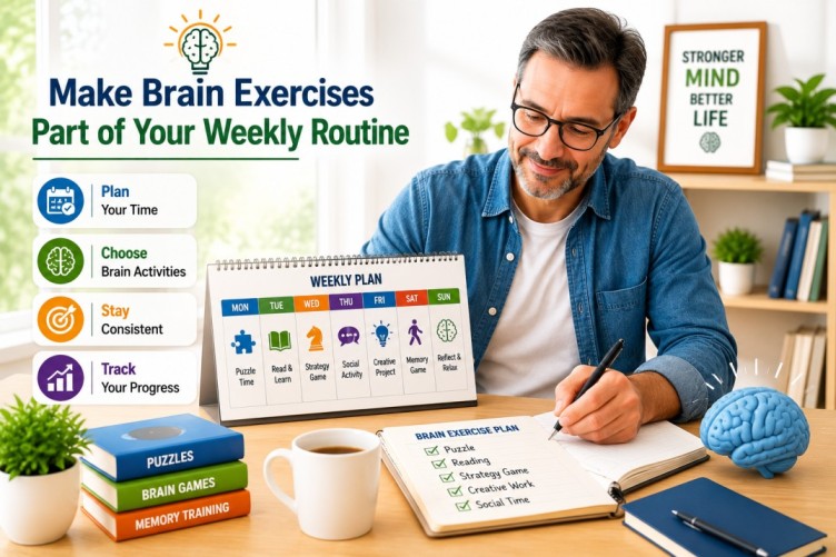 Brain Exercises for Adults weekly routine planner showing learning activities, strategic thinking, creativity, social engagement, and consistent habits that support mental sharpness