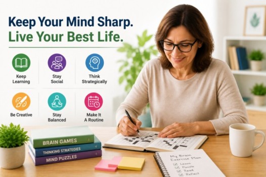 Brain Exercises for Adults featured image showing learning, creativity, strategic thinking, social engagement, and daily mental activities that support mental sharpness and lifelong cognitive wellness