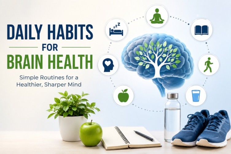 Illustration showing daily habits for brain health, including healthy sleep, regular movement, hydration, mindfulness, reading, and nutritious lifestyle habits that support a healthy mind.