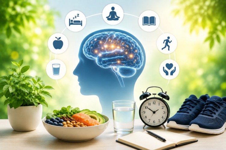 Illustration showing daily habits for brain health with healthy food, quality sleep, hydration, mindfulness, reading, regular movement, and simple lifestyle habits that support a healthy mind.