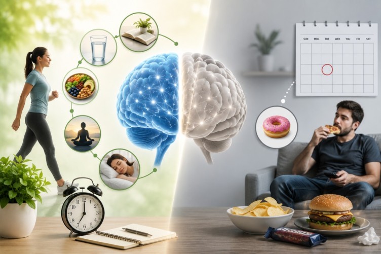 Illustration comparing daily habits for brain health with occasional healthy choices, showing consistent routines like movement, healthy eating, hydration, quality sleep, and mindfulness supporting a healthy mind.