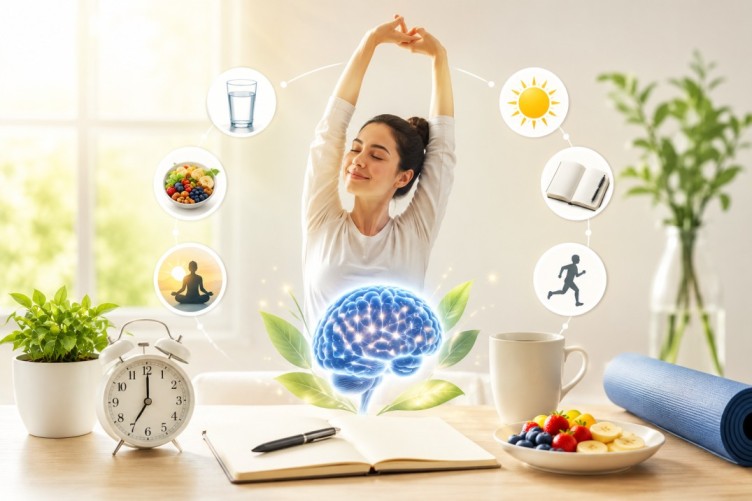 Illustration showing daily habits for brain health through a consistent morning routine with stretching, hydration, healthy breakfast, mindfulness, journaling, and organized daily planning in a bright home setting.