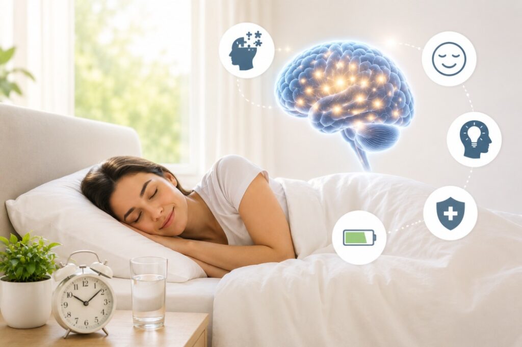 Illustration showing daily habits for brain health through quality sleep, featuring a peaceful bedroom, restful sleep, and healthy nighttime routines that support mental clarity, focus, and overall brain wellness.