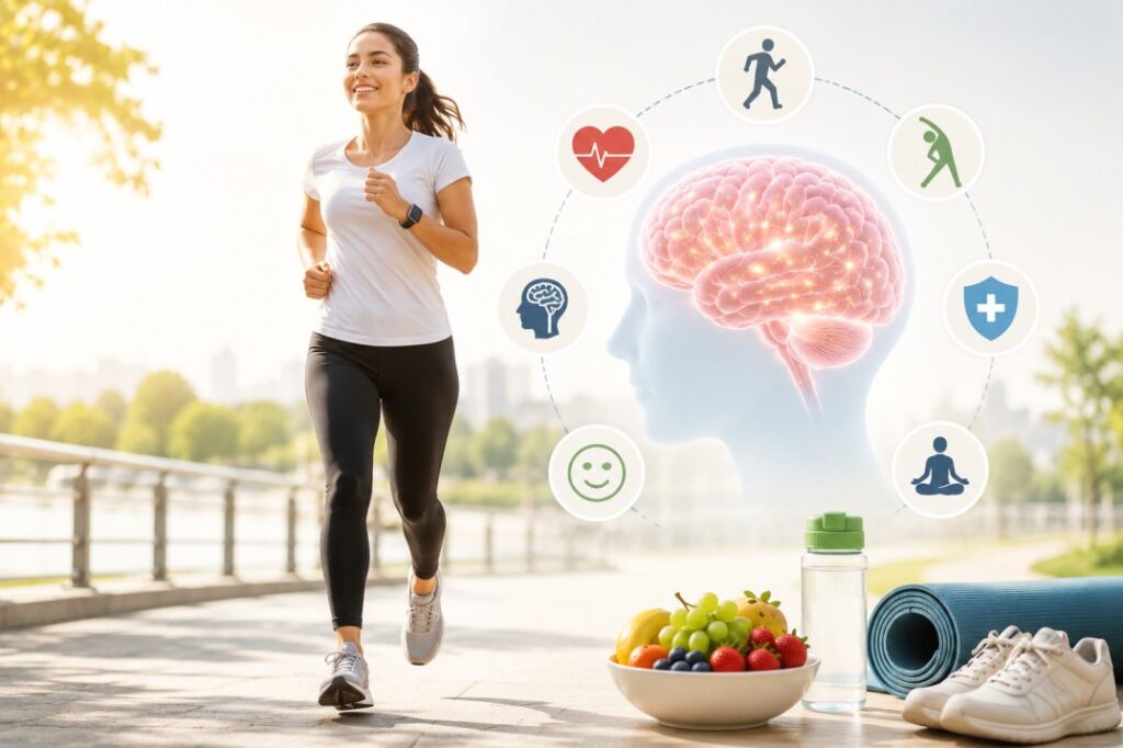 Illustration showing daily habits for brain health through regular movement, including walking, light exercise, stretching, hydration, and healthy lifestyle habits that support mental wellness and overall brain health.