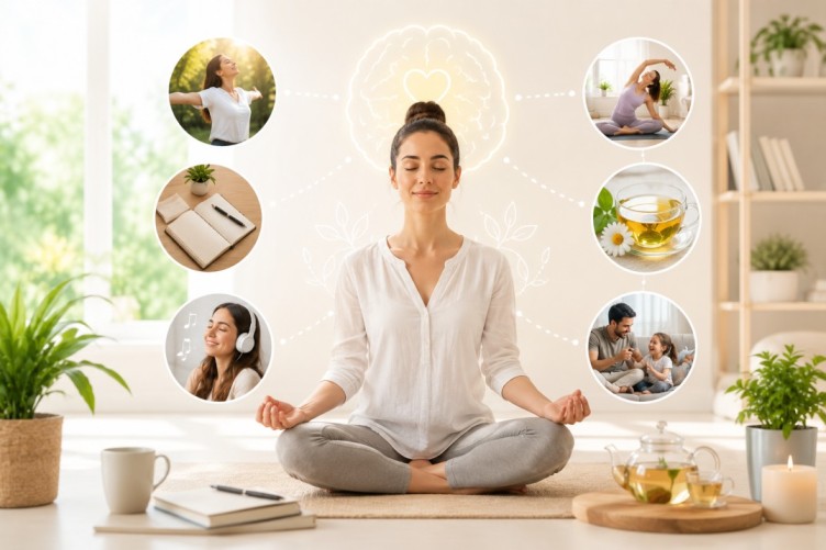 Illustration showing daily habits for brain health through simple stress management habits, including meditation, deep breathing, journaling, relaxation, and mindful daily routines that support emotional balance and a healthy mind.