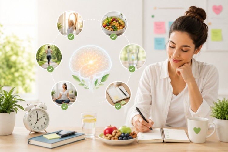 Illustration showing daily habits for brain health through consistent long-term routines, including planning, healthy eating, hydration, mindfulness, regular movement, and simple daily habits that support lifelong brain wellness.