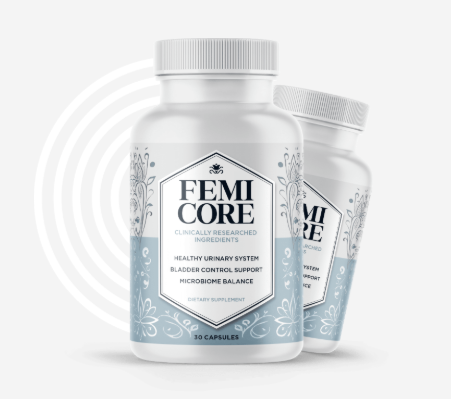 A bottle of FemiCore Bladder Support supplement for women's pelvic and urinary health.