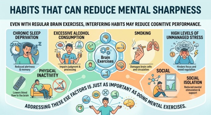 An infographic titled 'Habits That Can Reduce Mental Sharpness' highlighting how certain daily routines can negate the benefits of brain exercises for adults. It features dynamic illustrations in six categories: Chronic Sleep Deprivation (tired man), Excessive Alcohol Consumption (man drinking), Smoking (lungs/cigarette), High Unmanaged Stress (man with headache), Physical Inactivity (man on sofa), and Social Isolation (person by a window). Text elements for each describe the negative impact on cognitive performance, with a central section illustrating typical 'Brain Exercises'.