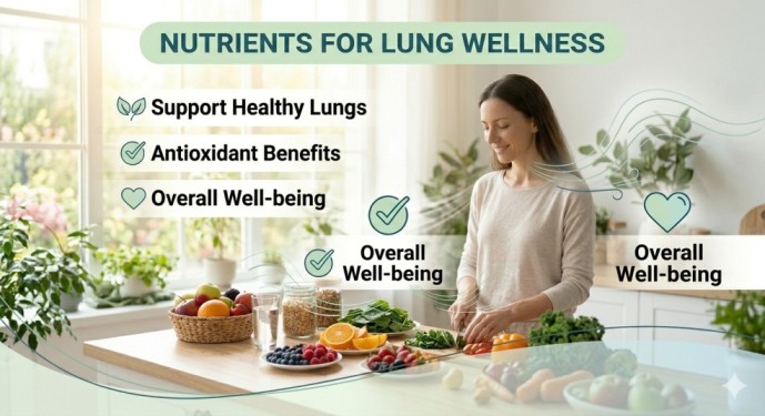 A brightly lit, sun-drenched photograph in a natural kitchen setting, where the serene woman with a gentle smile stands at a light-wood counter. In contrast to image_13.png and image_15.png, there are minimal text boxes. The central display of vibrant, fresh fruits, berries, spinach, and whole grains is prominent. A clean text banner reads: 'NUTRIENTS FOR LUNG WELLNESS', and three distinct, simple icons with brief labels follow: 'Support Healthy Lungs', 'Antioxidant Benefits', and 'Overall Well-being', visually synthesizing the role of natural foods for healthy lungs in everyday respiratory wellness, connecting fresh nutrition with eased breathing.