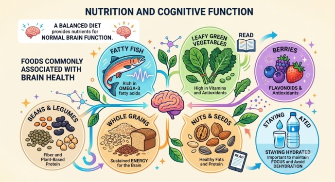 A vibrant infographic titled 'Nutrition and Cognitive Function' illustrating how specific foods act as brain exercises for adults. It features a central human brain connected to six labeled food groups: Fatty Fish (Omega-3), Leafy Greens, Berries (Flavonoids), Nuts & Seeds, Whole Grains, and Beans & Legumes, along with a section on the importance of staying hydrated. The layout highlights nutrients needed for memory, focus, and overall mental performance.