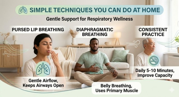 An infographic image showcasing three distinct individuals practicing different breathing exercises for lung health in a bright, peaceful living room: Pursed Lip Breathing (top left, woman of Indian descent), Diaphragmatic Breathing (top right, Black man with belly breathing), and Consistent Practice (bottom left, elderly East Asian man near a window). Clear, legible white text overlays define each technique, with illustrative lung icons, emphasizing gentle support for respiratory wellness and naturally improving lung capacity through simple at-home routines of 5-10 minutes daily.