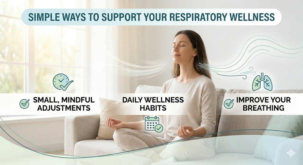 A serene, calm woman seated in a sunlit living room with excellent posture, taking a deep and renewed breath, eyes closed. The scene features minimal, clear white text overlays highlighting gentle, integrated habits: 'SIMPLE WAYS TO SUPPORT YOUR RESPIRATORY WELLNESS', with three key points: 'SMALL, MINDFUL ADJUSTMENTS', 'DAILY WELLNESS HABITS', and 'IMPROVE YOUR BREATHING', demonstrating how everyday actions, and not just dedicated breathing exercises for lung health, can improve respiratory comfort.