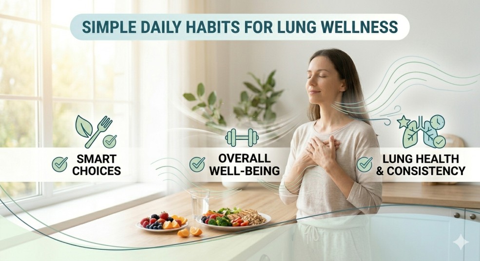A serene, calm woman with a gentle expression and excellent posture, seated with eyes closed and hand on her heart in a sun-drenched, airy living room filled with plants. Minimal, clean white text boxes highlight simple, integrated daily wellness habits and a path to improving breathing comfort, emphasizing a natural and everyday approach to respiratory care beyond structured breathing exercises for lung health, designed to improve capacity and ease of breathing naturally.