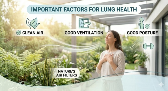 A peaceful woman with a gentle expression and excellent posture, seated with her eyes closed and hand on her heart in a sun-drenched, airy living room with many plants. Minimal clean white text boxes highlight daily habits for lung health, such as 'SMALL, MINDFUL ADJUSTMENTS' and 'IMPROVE YOUR BREATHING', demonstrating simple, integrated wellness tips, rather than just structured breathing exercises for lung health, to improve respiratory comfort and capacity.