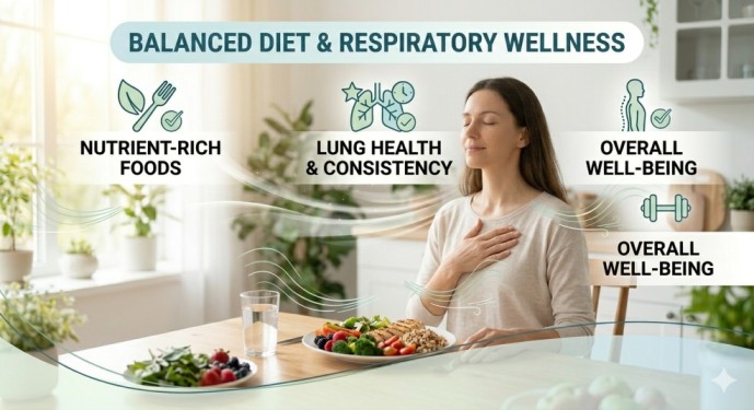 A serene, content woman with a gentle expression, eyes closed, and her hand placed on her heart, seated in a sunlit, bright living room with large plants. Minimal, clean white text boxes highlight simple, integrated daily wellness habits and a path to improving breathing comfort, emphasizing a natural and everyday approach to respiratory care beyond structured breathing exercises for lung health.