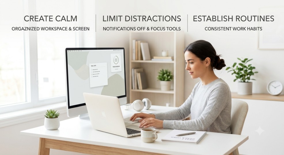 A woman working in a clean, bright minimalist office setup, managing her screen time and brain health by minimizing digital distractions and creating a calm workflow.