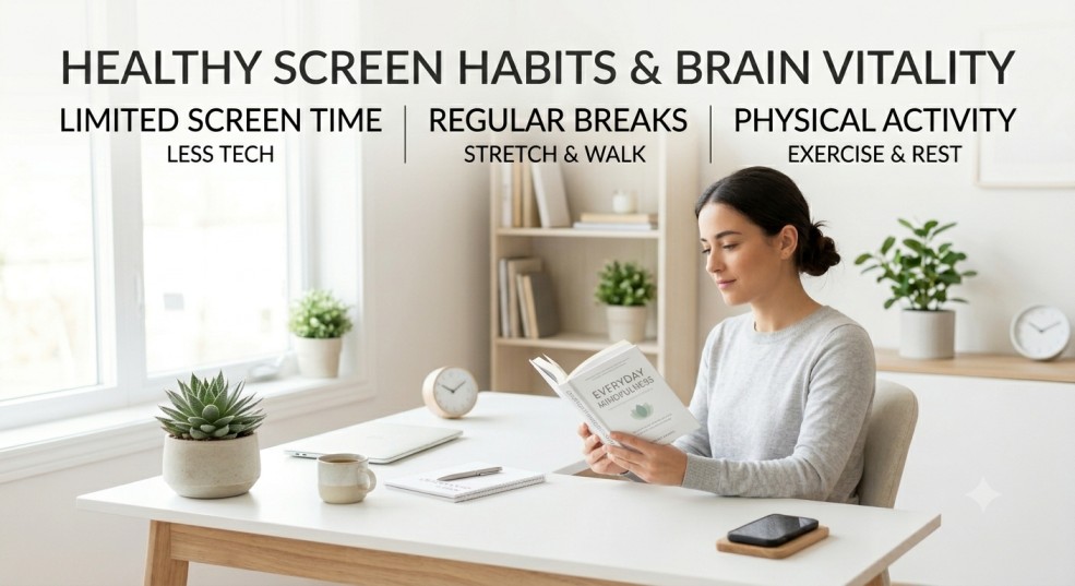 A woman reading a book at a bright, clean desk with her phone set aside, practicing healthy habits to balance screen time and brain health.
