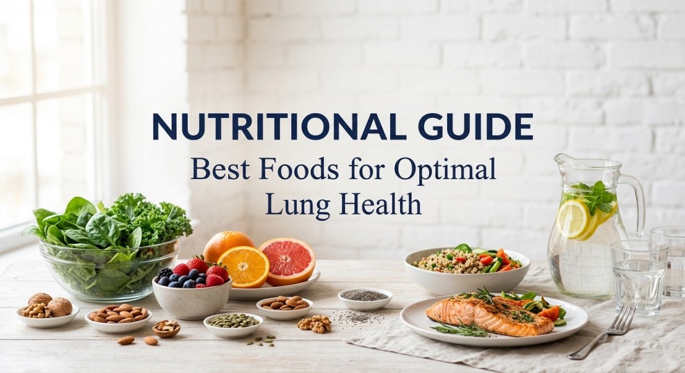 A guide on the table showcasing fresh fruits, vegetables, salmon, and nuts, representing natural breathing exercises for lung health support.