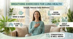 A comprehensive feature photograph for a blog on natural respiratory health, showcasing the serene woman with excellent posture and a calm expression from previous images, seated in a bright, sunlit living room filled with plants and natural light. Above her, a clear text banner reads: 'BREATHING EXERCISES FOR LUNG HEALTH', with a sub-text: 'Simple, Natural Daily Wellness'. Integrated icons and brief text points like 'MIND & HABIT', 'CLEAN AIR', 'GOOD POSTURE', 'DAILY NUTRITION', and 'CONSISTENCY & WELL-BEING' are arranged in a gentle ecosystem around her, connected by flowing lines of vital air movement. The scene synthesizes how various simple, everyday habits work together to support respiratory care and overall well-being.