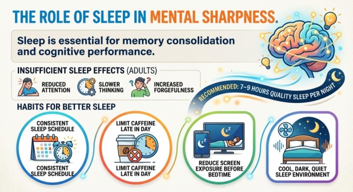 Infographic on 'The Role of Sleep in Mental Sharpness' highlighting sleep as essential brain exercises for adults. It details memory consolidation, the effects of sleep deprivation, recommended sleep duration (7–9 hours), and habits for better sleep.